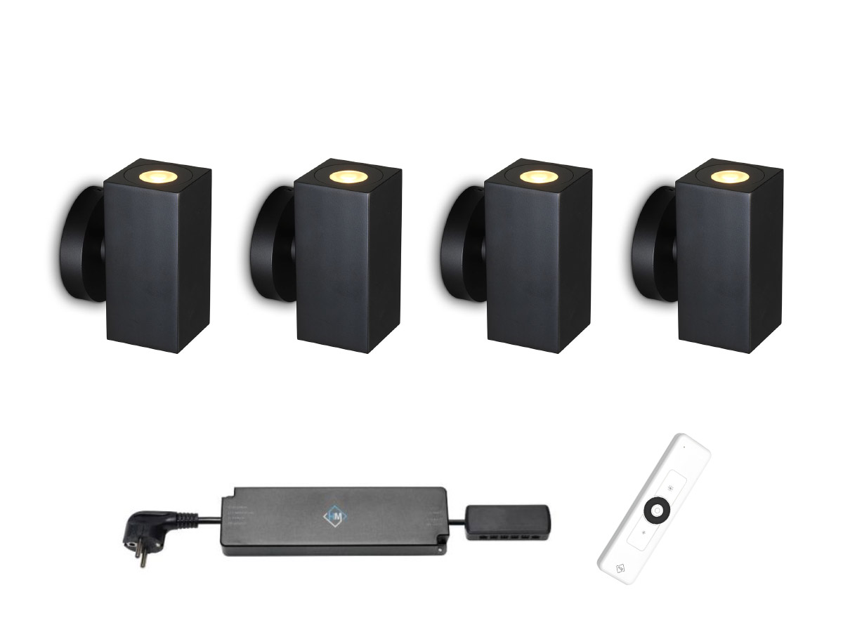 LED wandlamp, zwart, warm-wit, vierkant, 2x 1,5 watt, up & down, set van 4 stuks, DIYLWL4